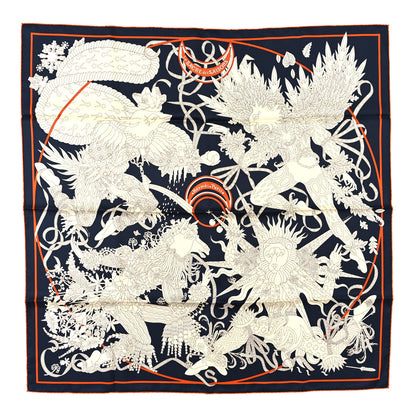 Hermes Silk Twill La Sacre Des Saisons Scarf 90 Bleu Black Creme Potiron 1 of 3
