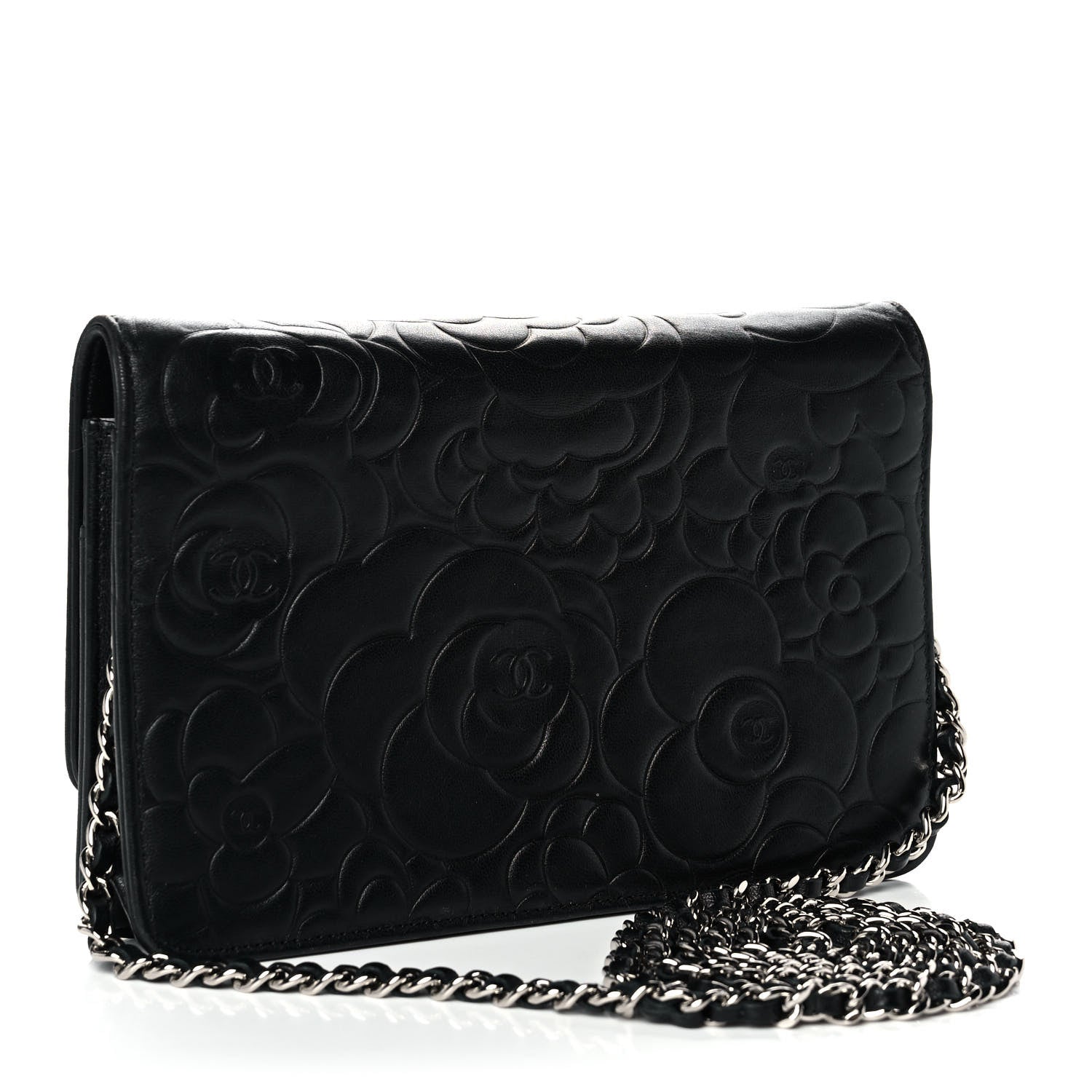Chanel Lambskin Camellia Embossed Wallet on Chain WOC Black 3 of 10