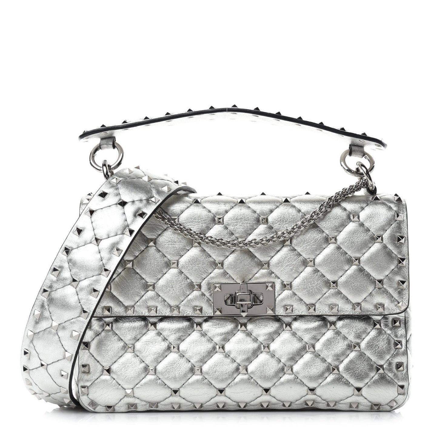 Metallic Nappa Medium Rockstud Spike Shoulder Bag Silver