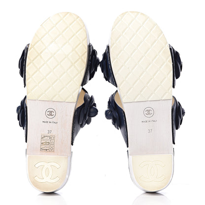 Chanel Lambskin Camellia Sandals 37 Navy Blue 7 of 15