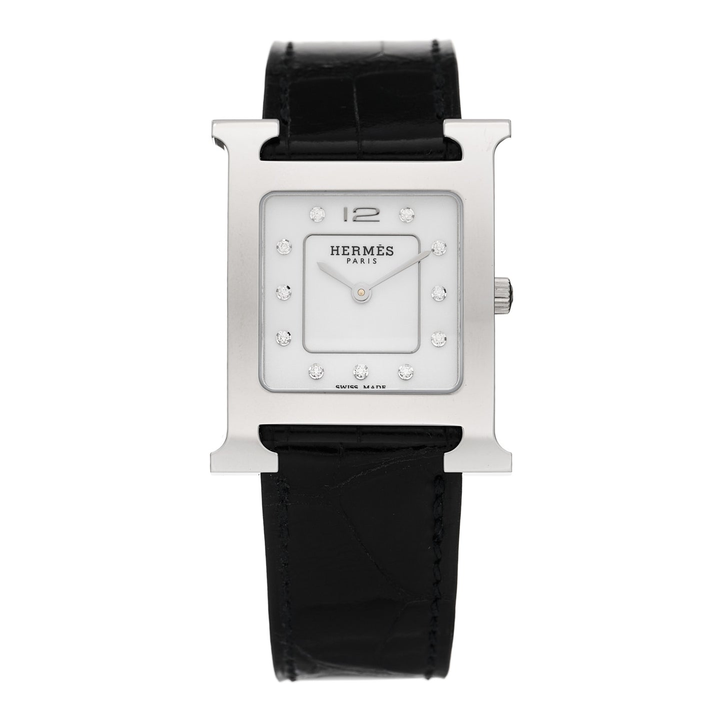 Stainless Steel Alligator Diamond Mother of Pearl 21mm Heure H Hour Quartz Watch Noir