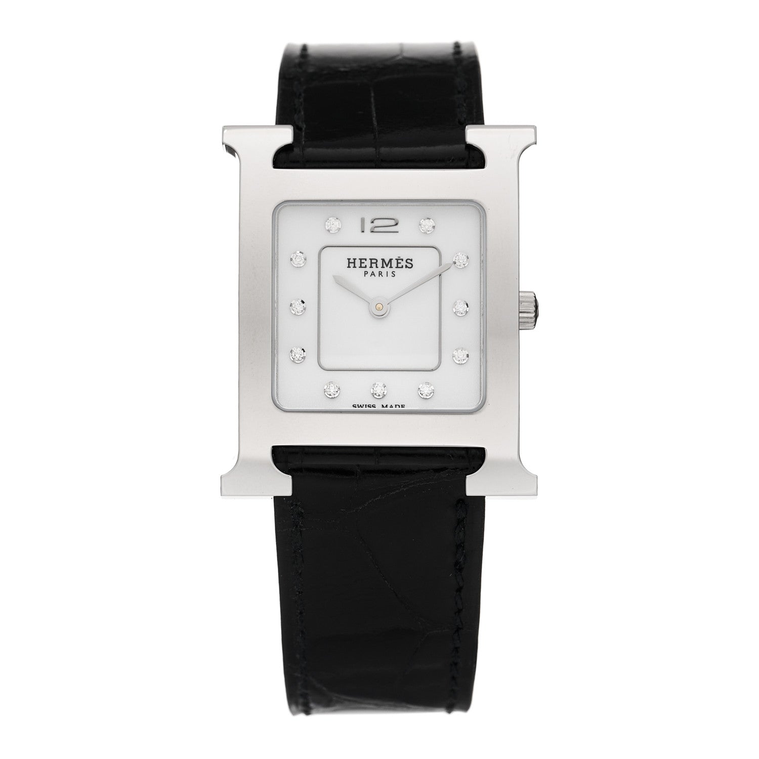 Hermes Stainless Steel Alligator Diamond Mother of Pearl 21mm Heure H Hour Quartz Watch Noir 1 of 5