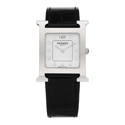 Hermes Stainless Steel Alligator Diamond Mother of Pearl 21mm Heure H Hour Quartz Watch Noir 1 of 5