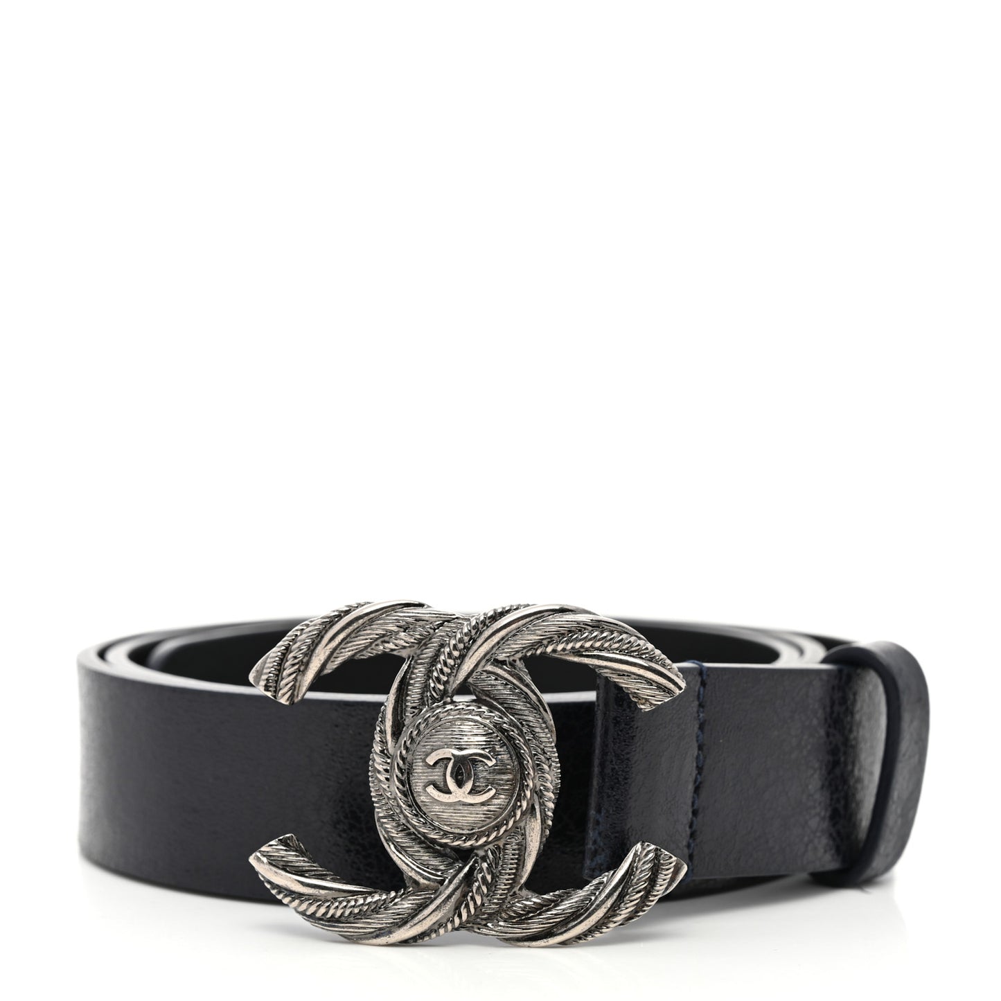 Glazed Calfskin CC Belt 85 34 Dark Navy