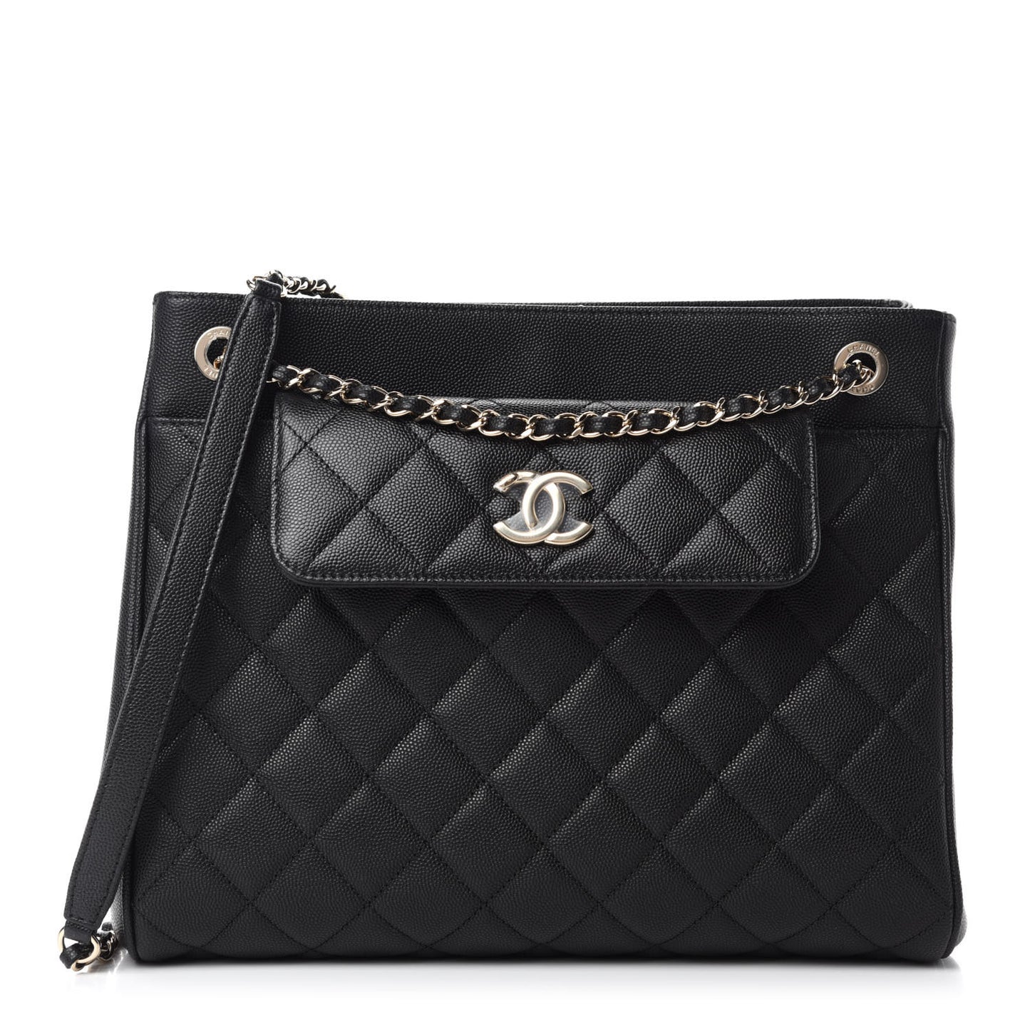 Caviar Quilted In Out Flap Shopping Tote Black