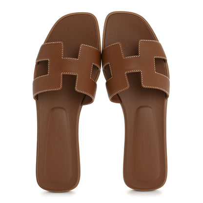 Hermes Box Calfskin Oran Sandals 37.5 Gold 2 of 10