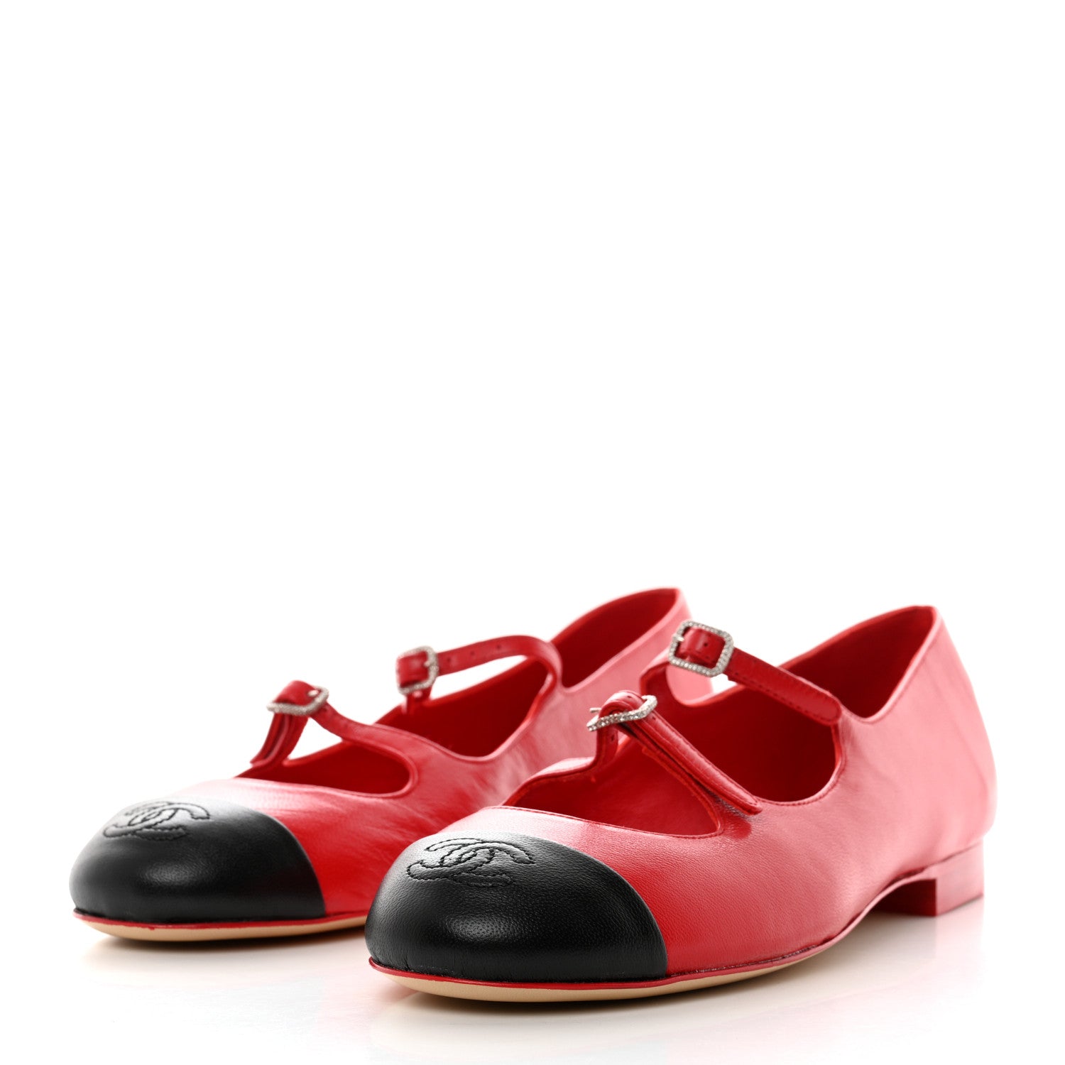 Chanel Lambskin Mary Jane Flats 38 Red Black 3 of 9