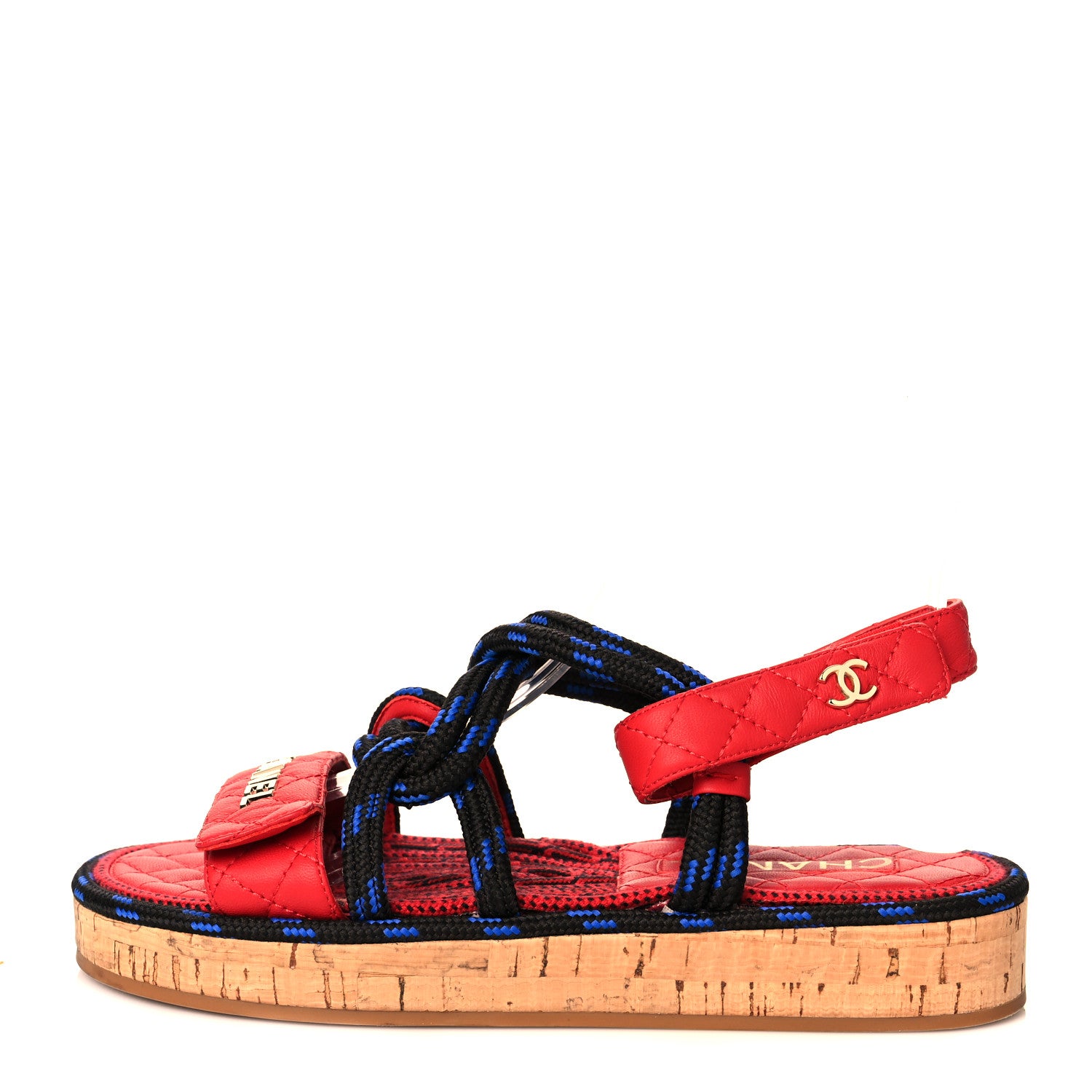 Chanel Cord Lambskin Quilted Logo Sandals 37 Red Blue 1 of 10