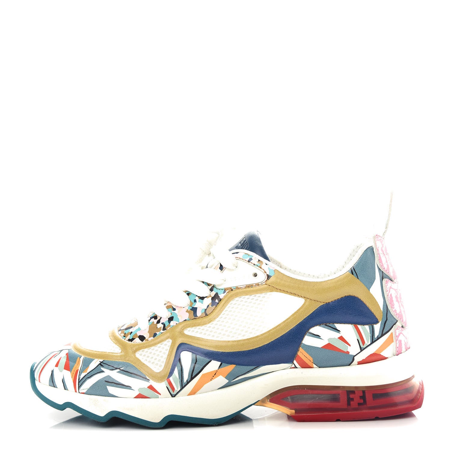 Fendi Mesh Vitello Granite Bird of Paradise FFast Patchwork Sneakers 37.5 White Multi Pavone Lollypop 1 of 11