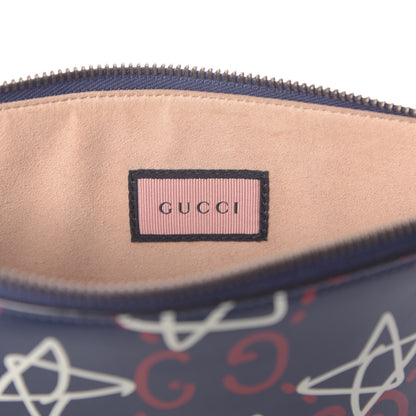 Gucci Calfskin GucciGhost Print Pouch Blue Agata Hibiscus Red 10 of 11
