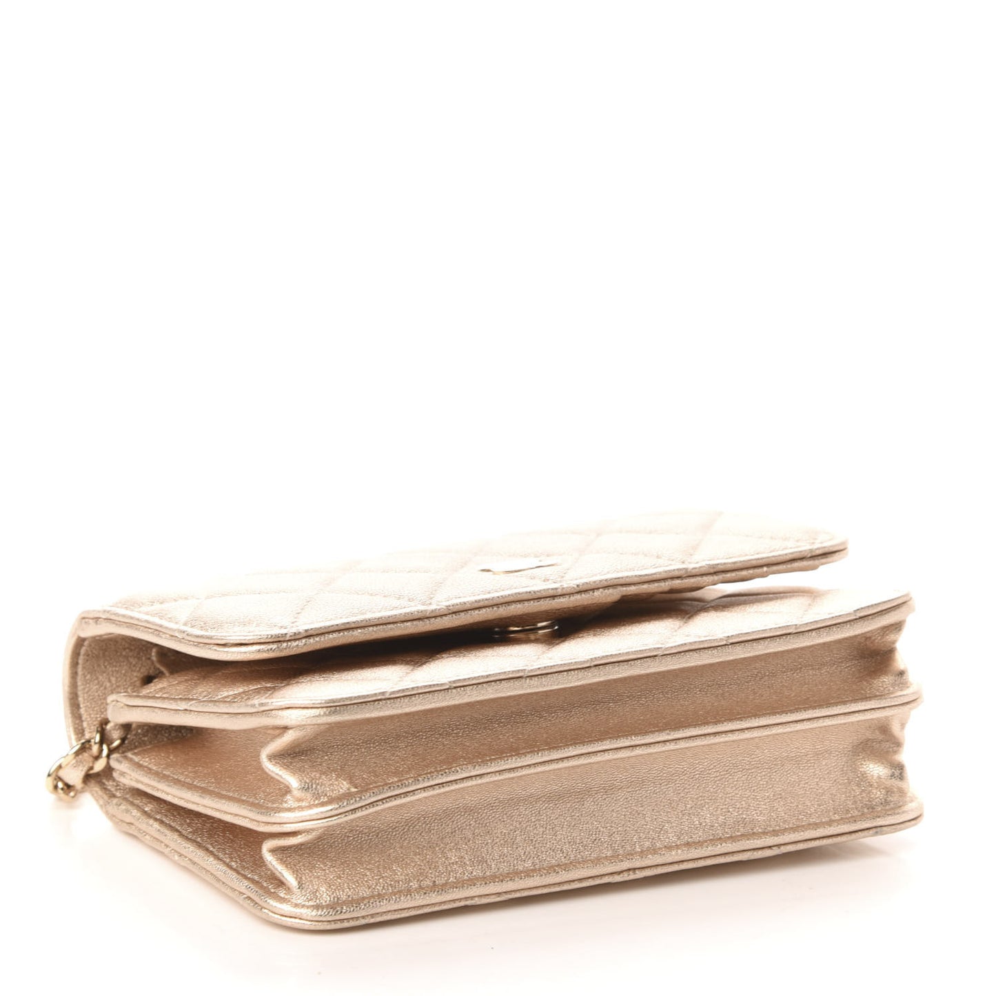 Metallic Lambskin Quilted Mini Wallet On Chain WOC Gold