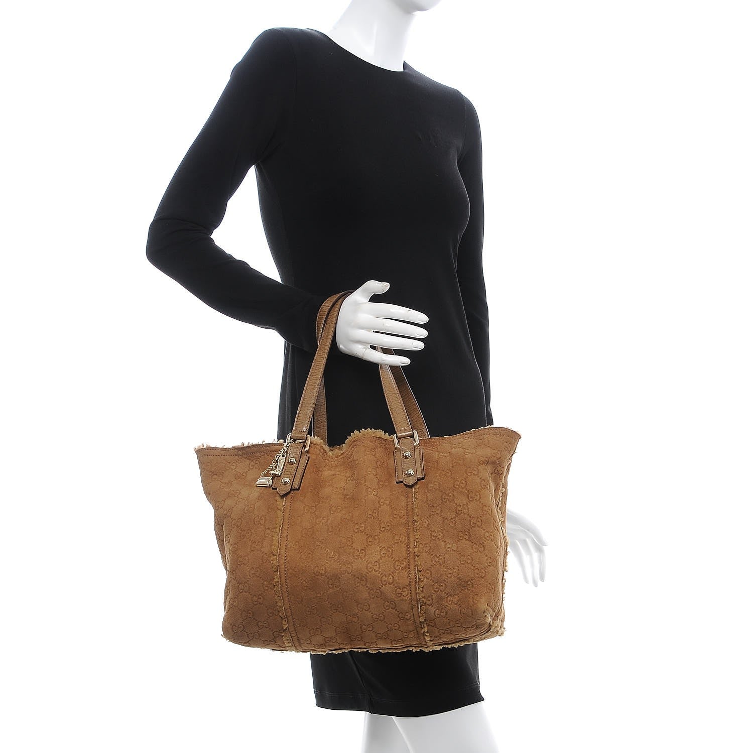 Gucci Suede Shearling Guccissima Large Jolicoeur Tote Tan 2 of 15