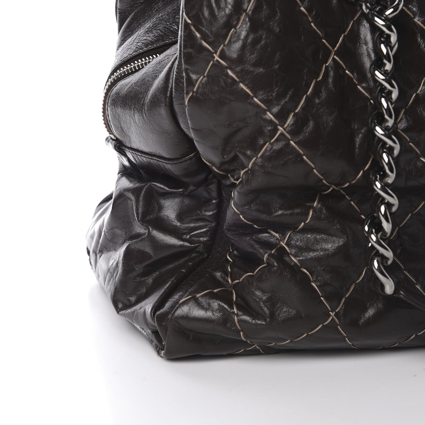 Glazed Goatskin Double Contrast Stitch Large Tote Brown