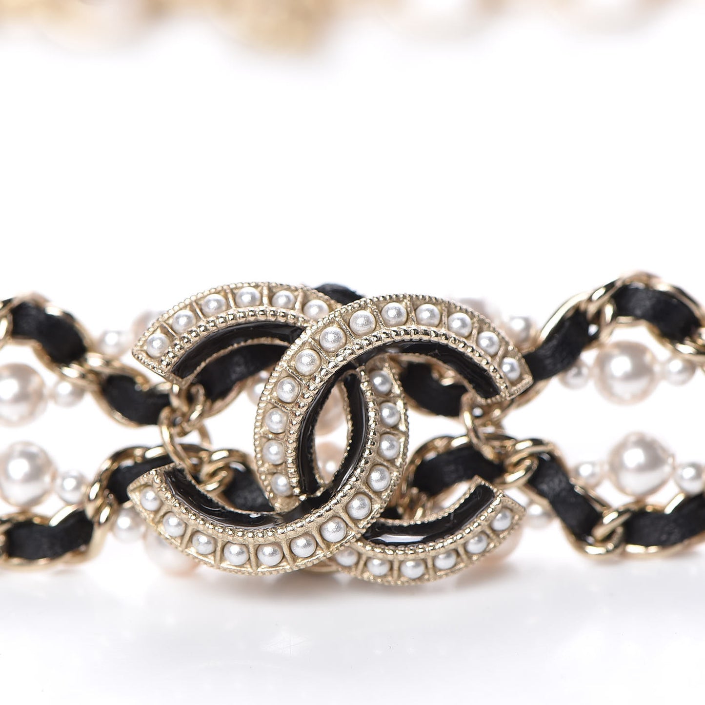 Pearl Lambskin CC Chain Twist Choker Necklace Black Gold