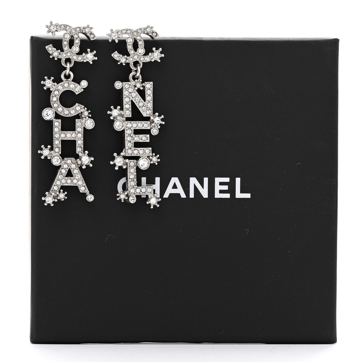 Crystal Cha-Nel Logo Drop Earrings Silver