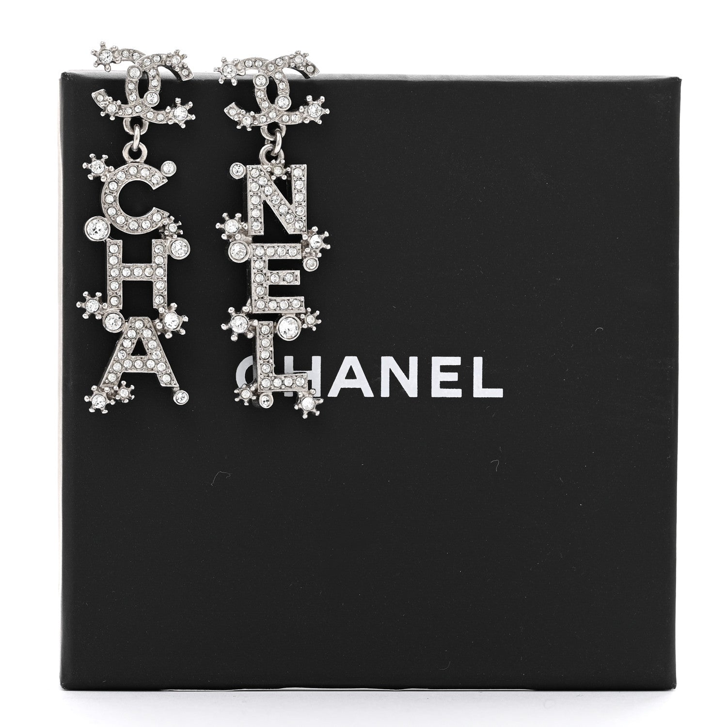 Chanel Crystal Cha-Nel Logo Drop Earrings Silver 5 of 5