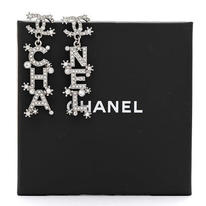 Chanel Crystal Cha-Nel Logo Drop Earrings Silver 5 of 5