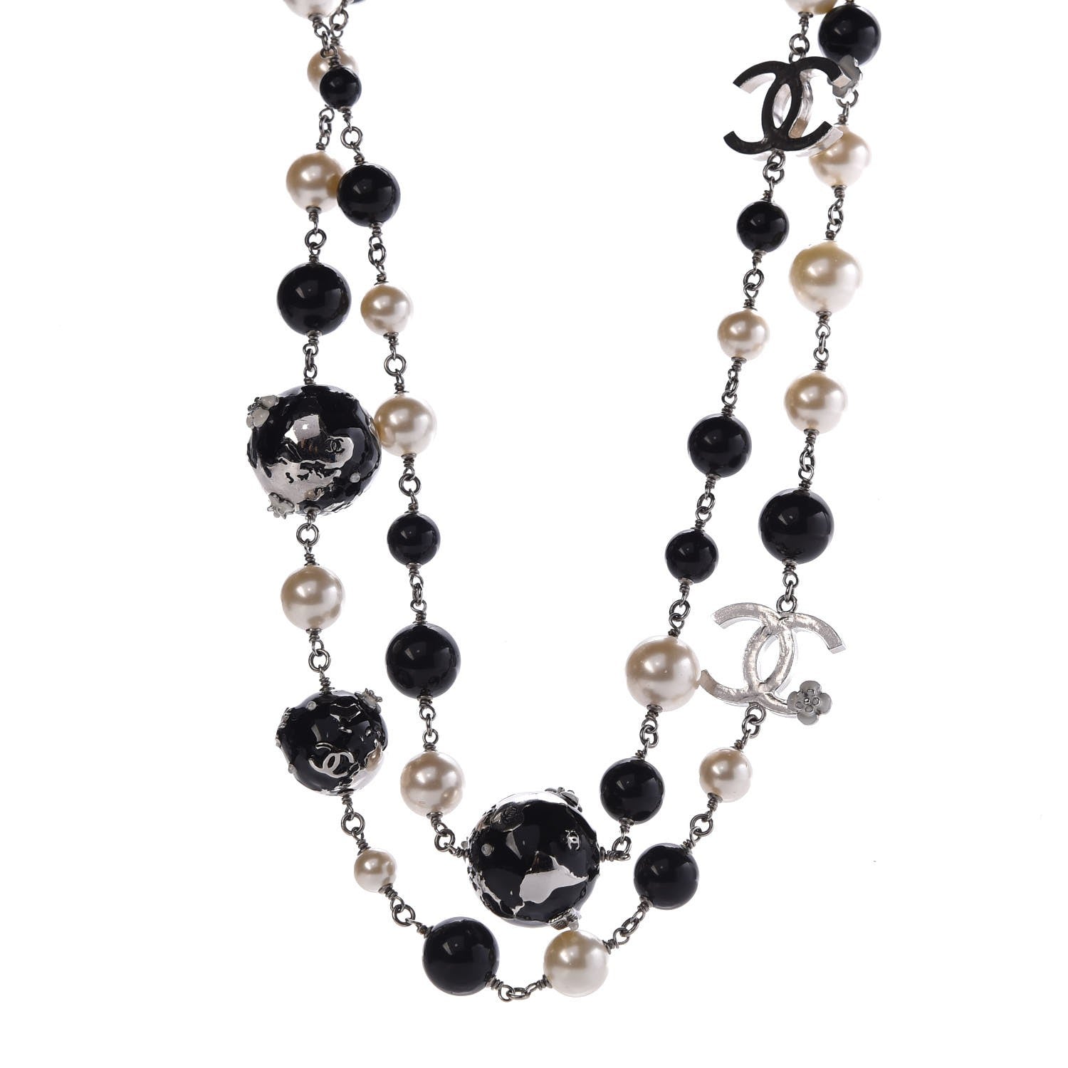 Chanel Beaded Globe Pearl CC Long Necklace Silver 1 of 7