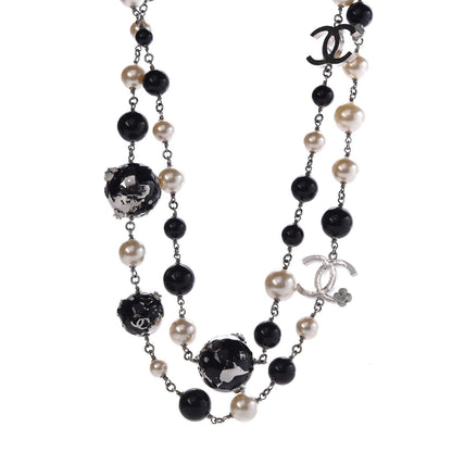Chanel Beaded Globe Pearl CC Long Necklace Silver 1 of 7