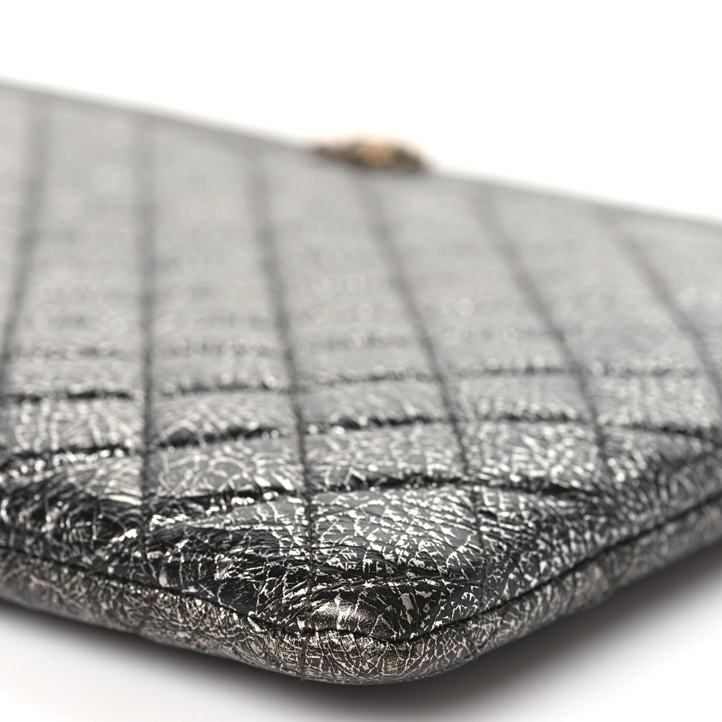 Cracked Metallic Calfskin Quilted Large Boy Cosmetic Case Dark Silver