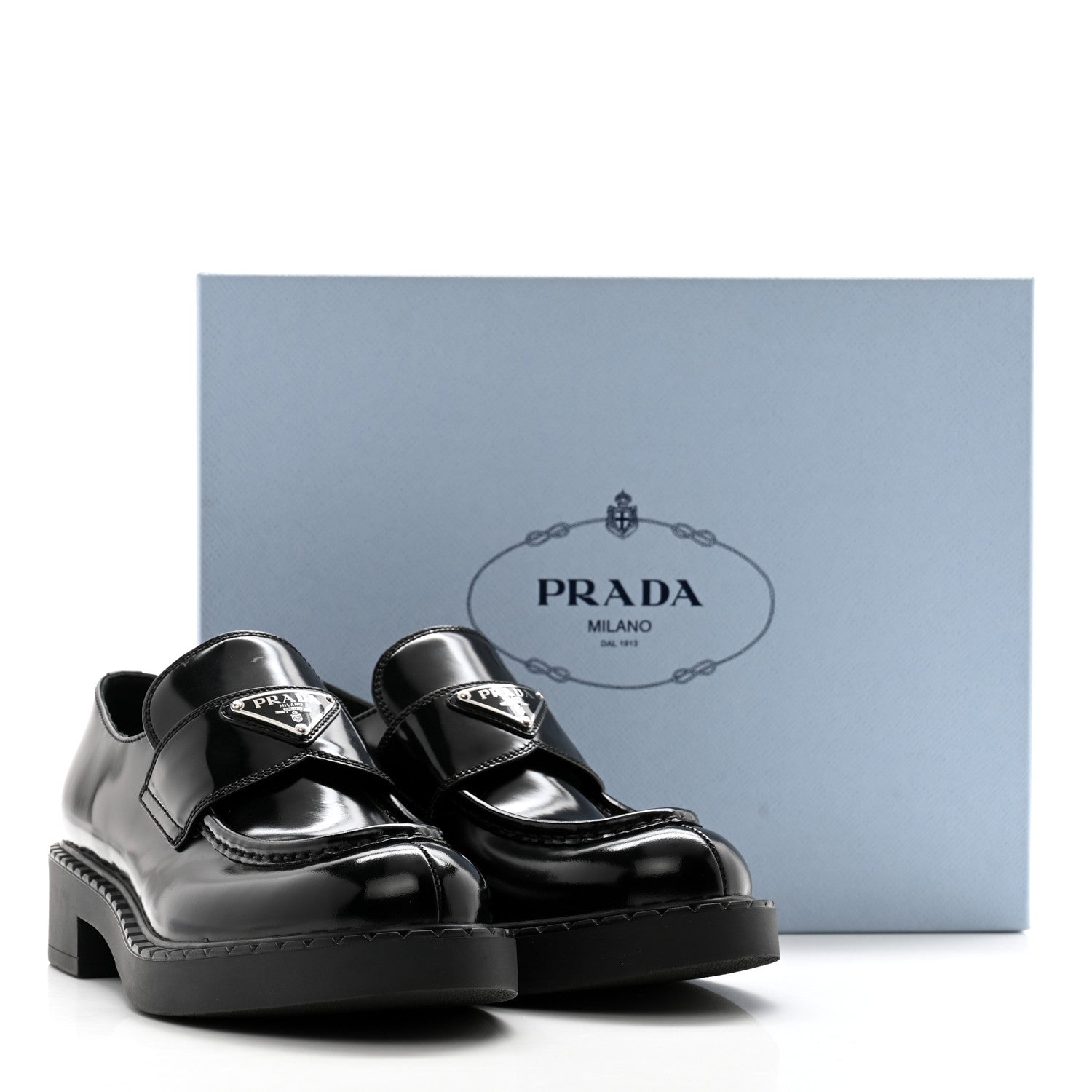 Prada Spazzolato Metal Triangle Logo 50mm Loafers 38.5 Black 13 of 13