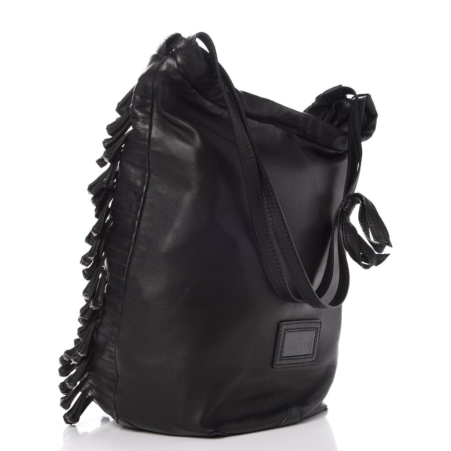 Lambskin Rockstud Fringe Bucket Black