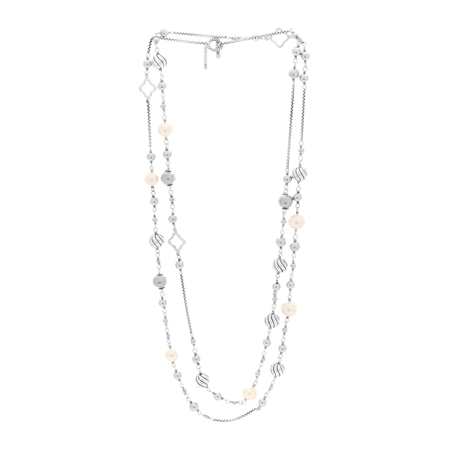 Sterling Silver Freshwater Cultured Pearl Quatrefoil Long Chain Necklace
