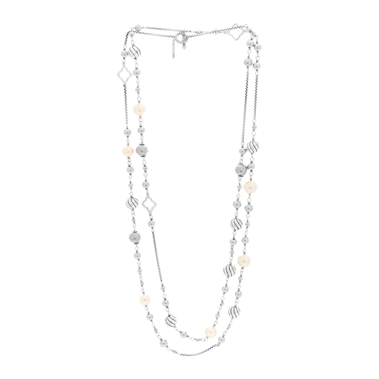 David Yurman Sterling Silver Freshwater Cultured Pearl Quatrefoil Long Chain Necklace 3 of 4