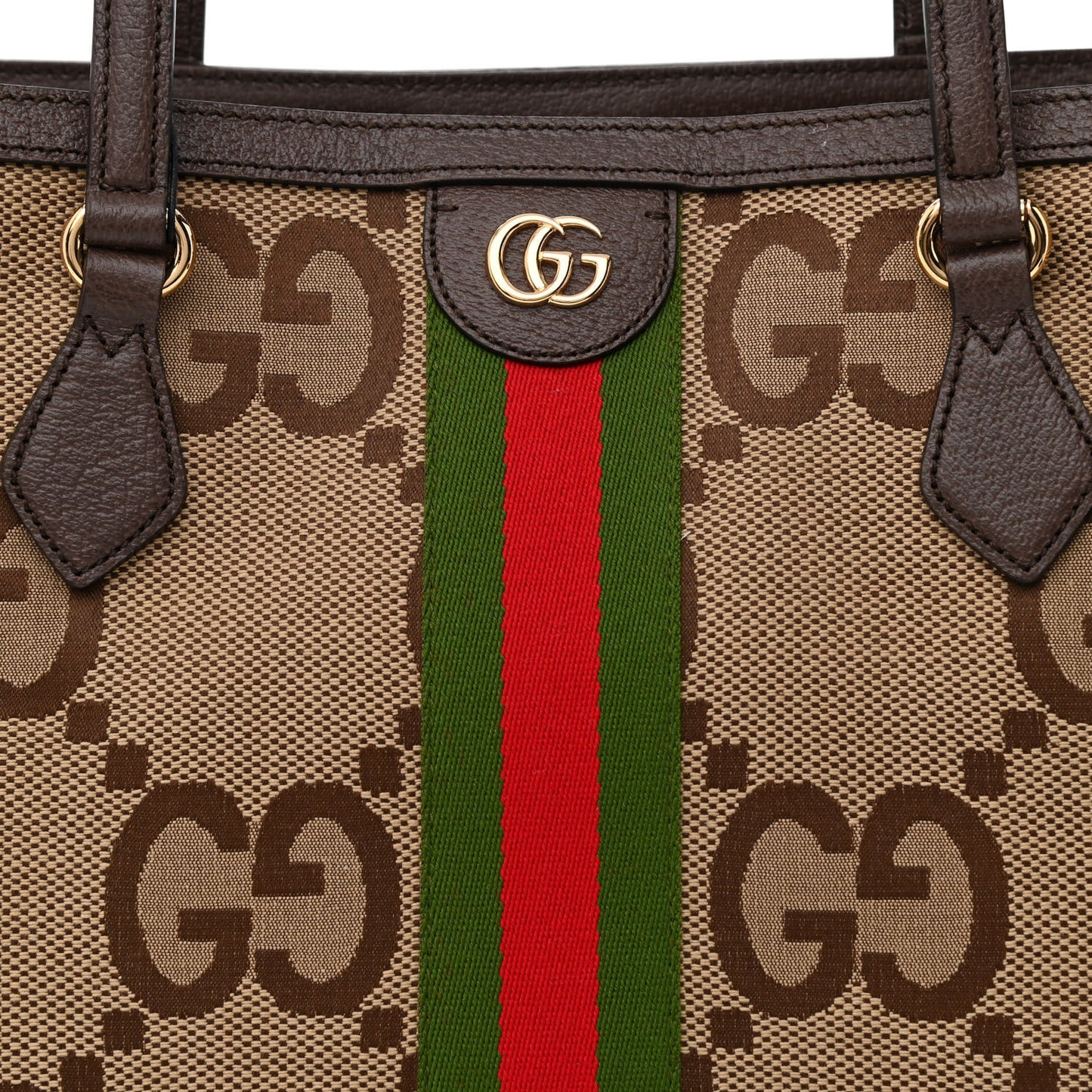 Monogram Jumbo GG Textured Dollar Calfskin Web Medium Ophidia Shopping Tote Camel Ebony