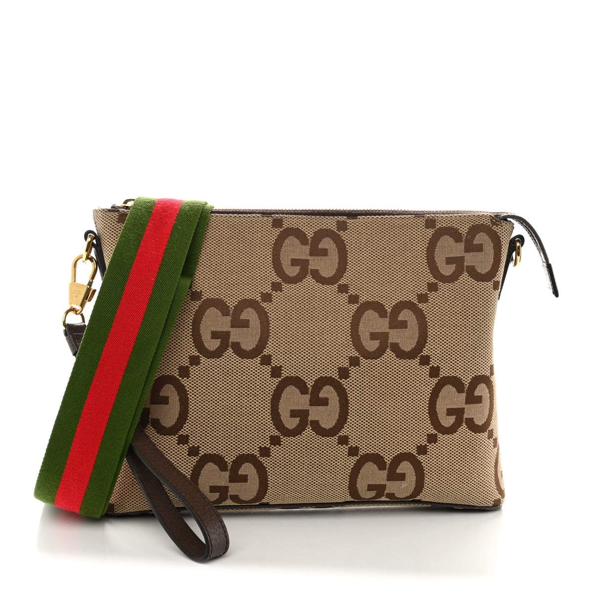 Monogram Jumbo GG Textured Dollar Calfskin Web Wristlet Messenger Bag Camel Ebony New Acero