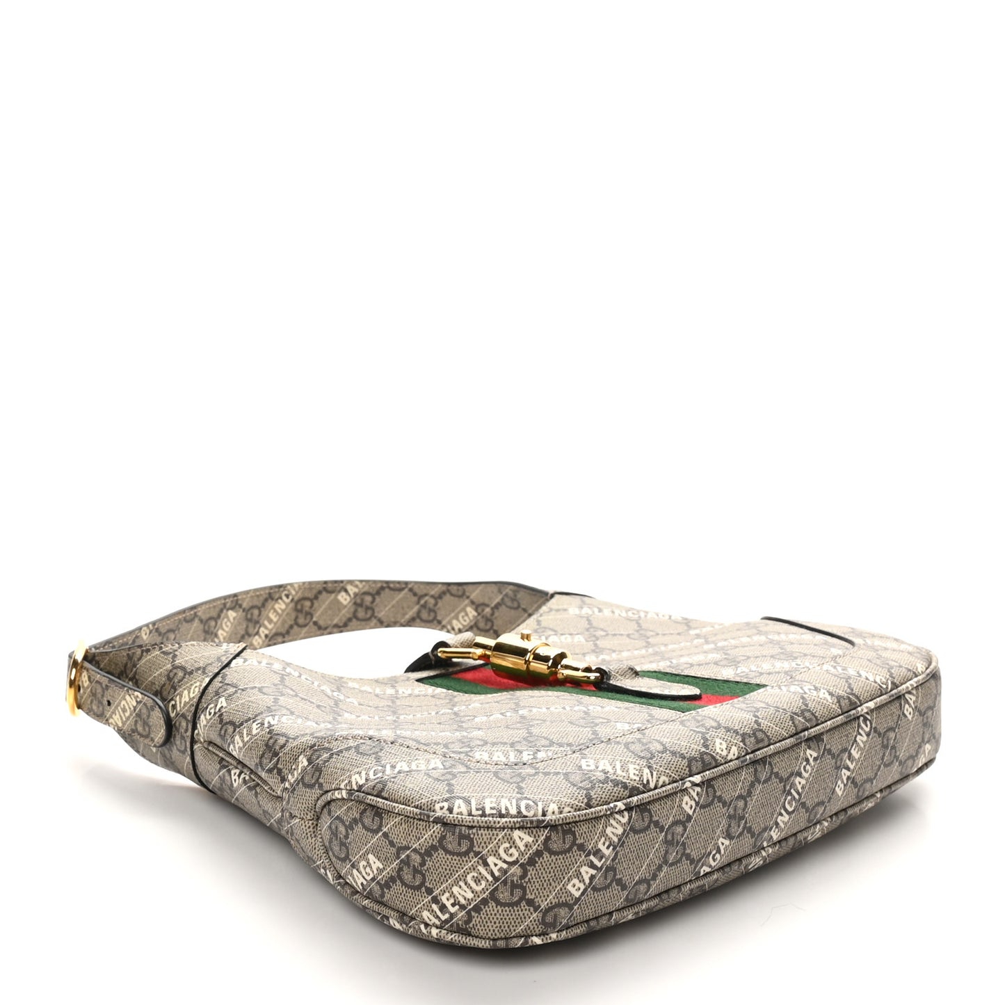 X BALENCIAGA GG Supreme Monogram Striped Logo Print Web Small Jackie 1961 Hobo Beige Ebony Mystic White