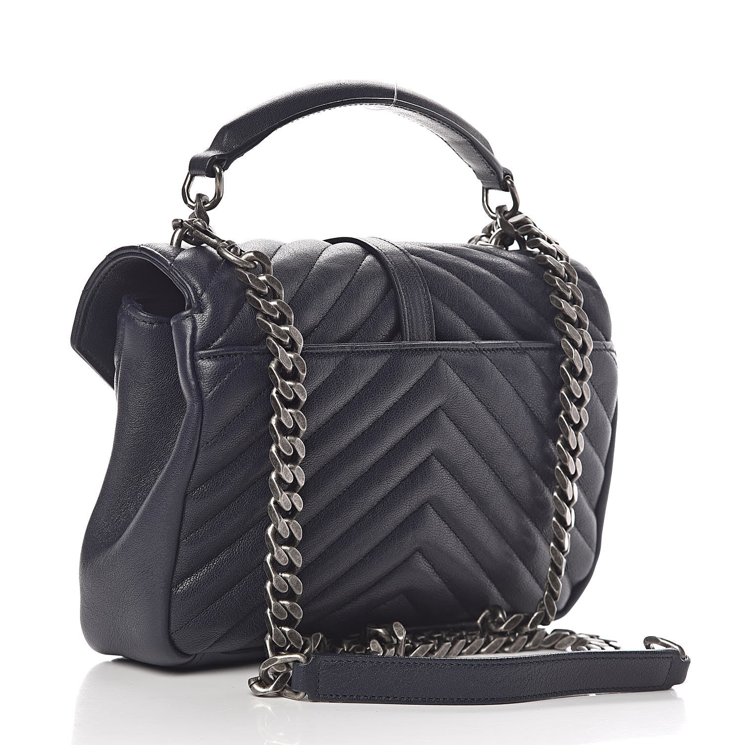 Saint Laurent Sheepskin Matelasse Chevron Monogram Medium College Bag Deep Marine 3 of 15