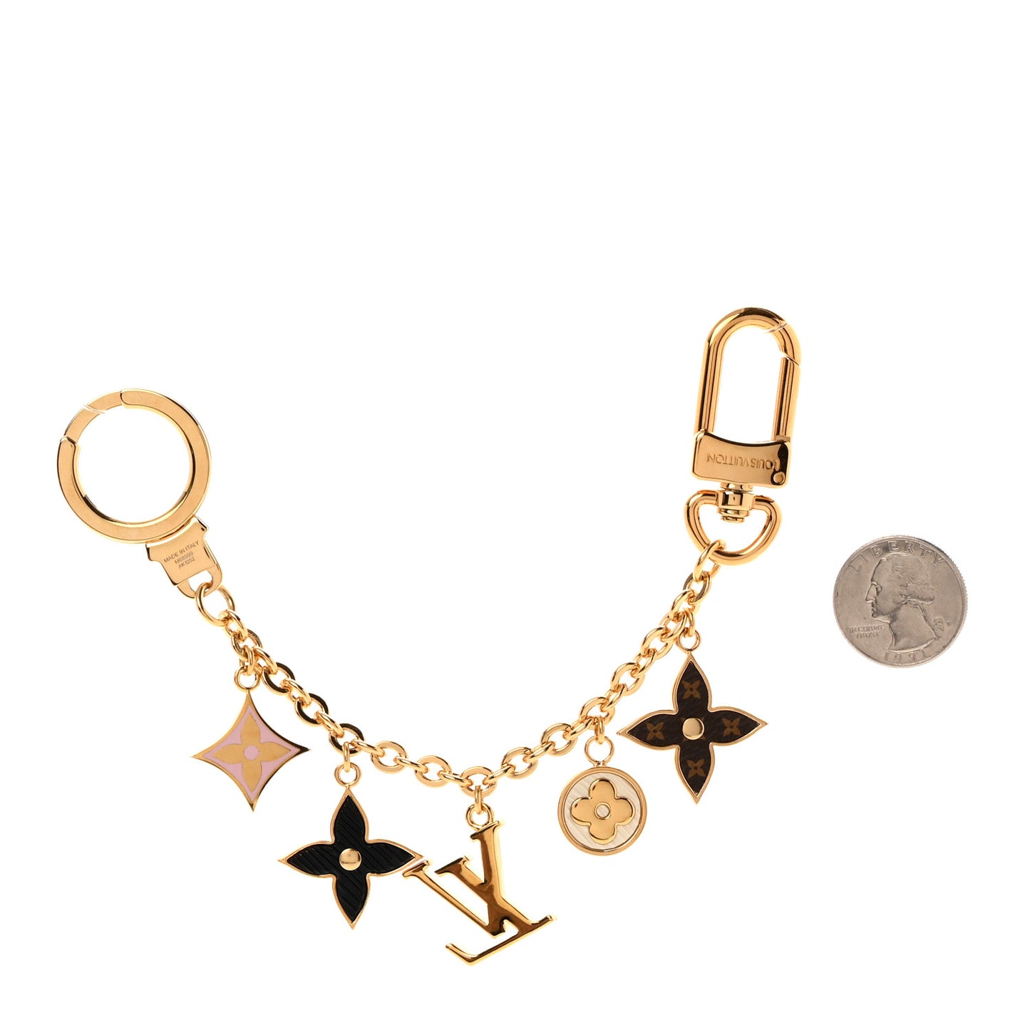 Brass Enamel Fleur De Monogram Bag Charm Chain Gold