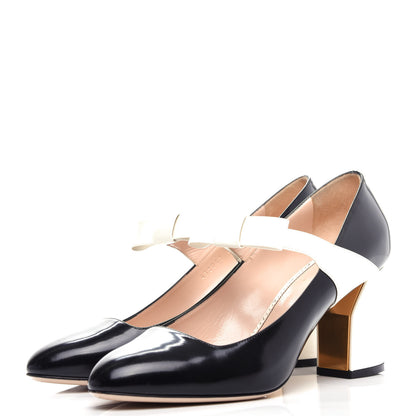 Gucci Polished Calfskin Nimue Bow Mary Jane Pumps 40 Black White 3 of 10