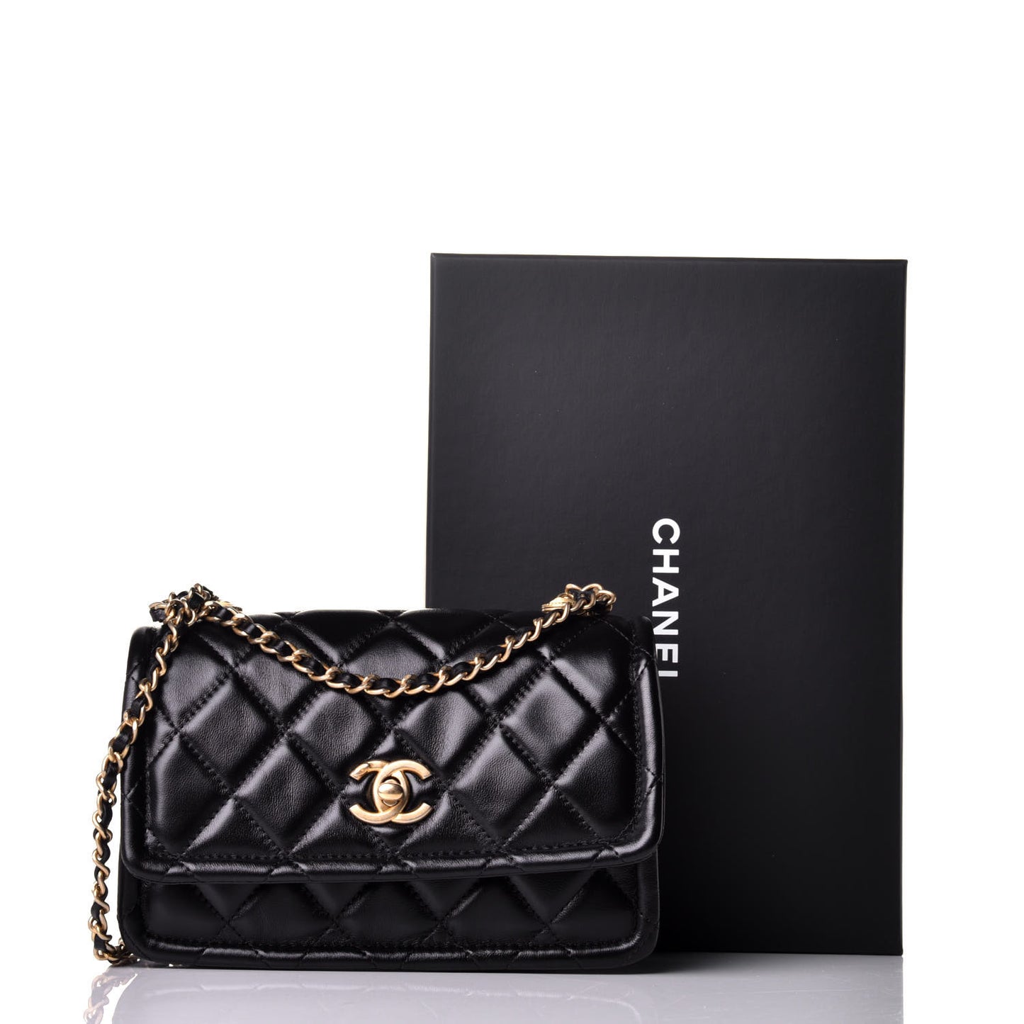 Shiny Lambskin Quilted Mini Flap Black