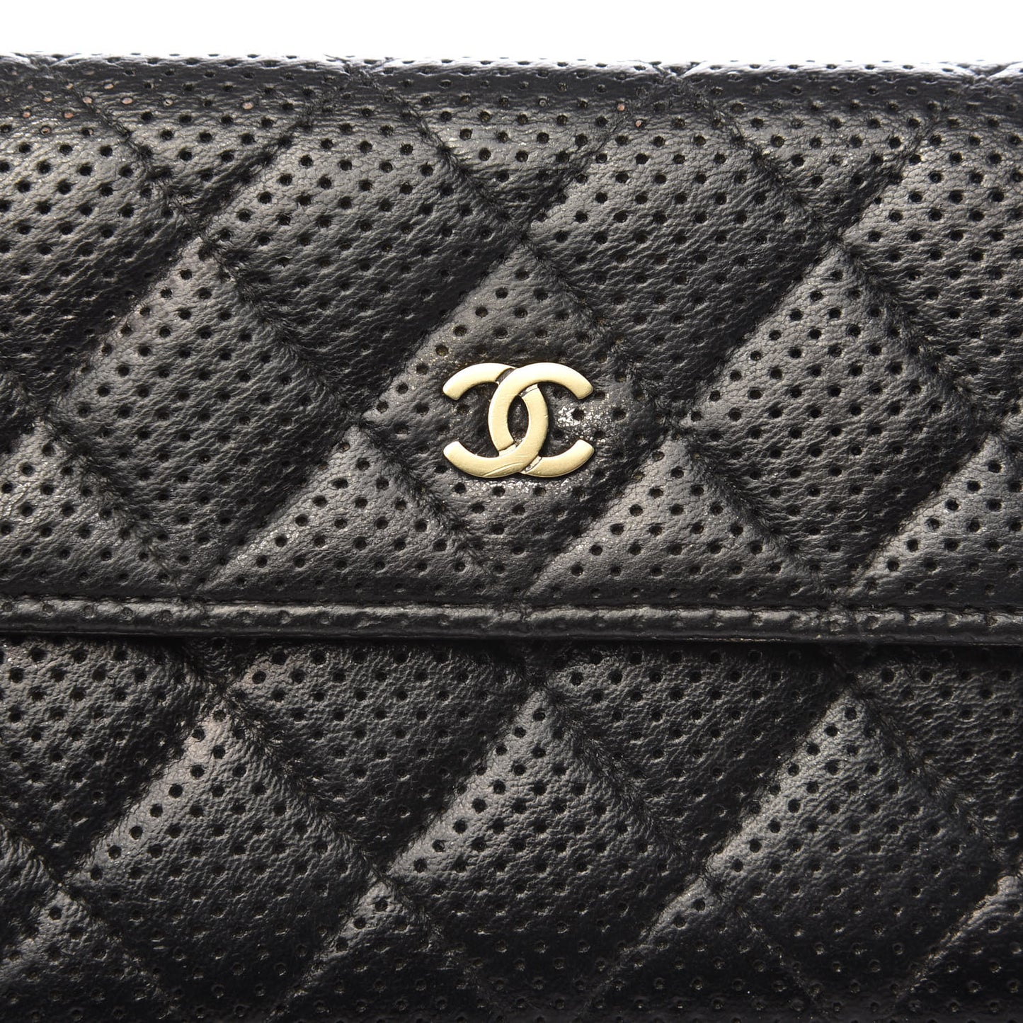 Perforated Lambskin Quilted Large Gusset Flap Wallet Black