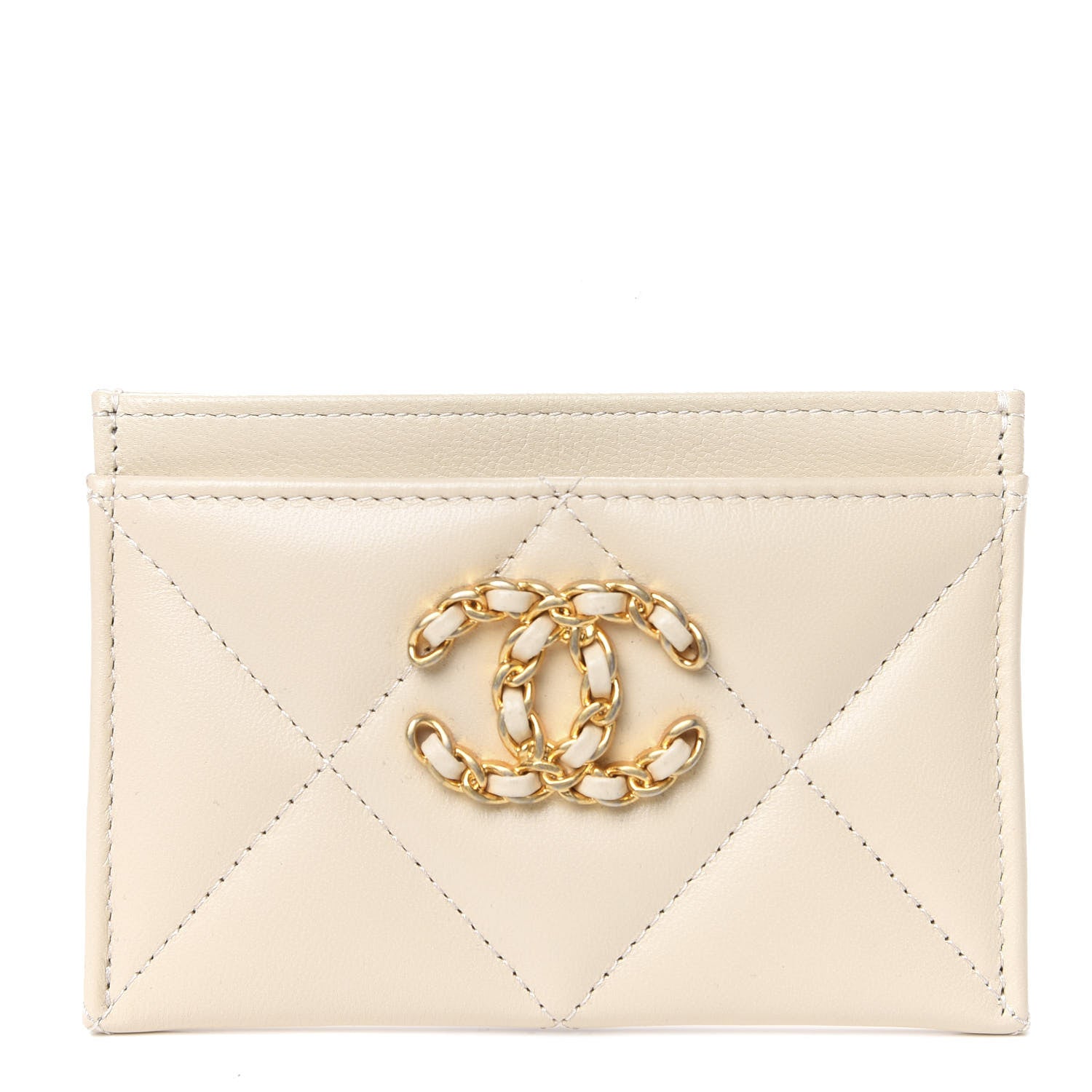 Chanel Shiny Goatskin Quilted Chanel 19 Card Holder Beige 1 of 8