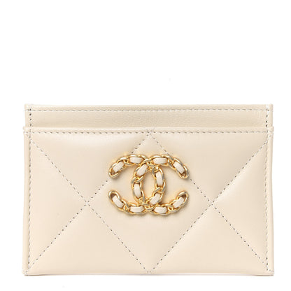 Chanel Shiny Goatskin Quilted Chanel 19 Card Holder Beige 1 of 8