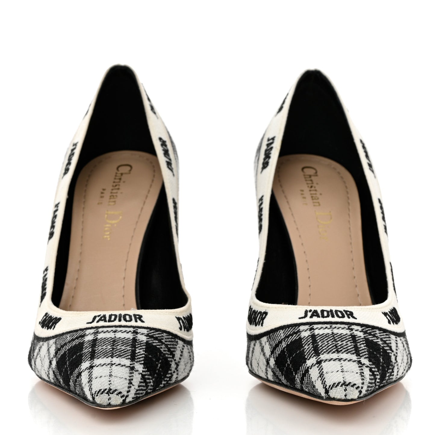 Canvas Ribbon Tartan Print Embroidered J'Adior 100mm Pumps 36 Black Off White