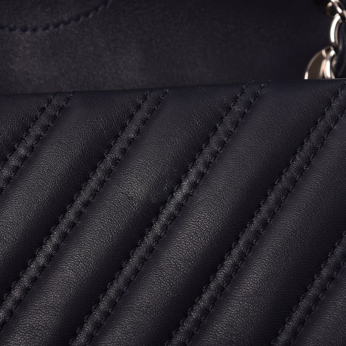 Lambskin Chevron Double Stitch Medium Single Flap Navy