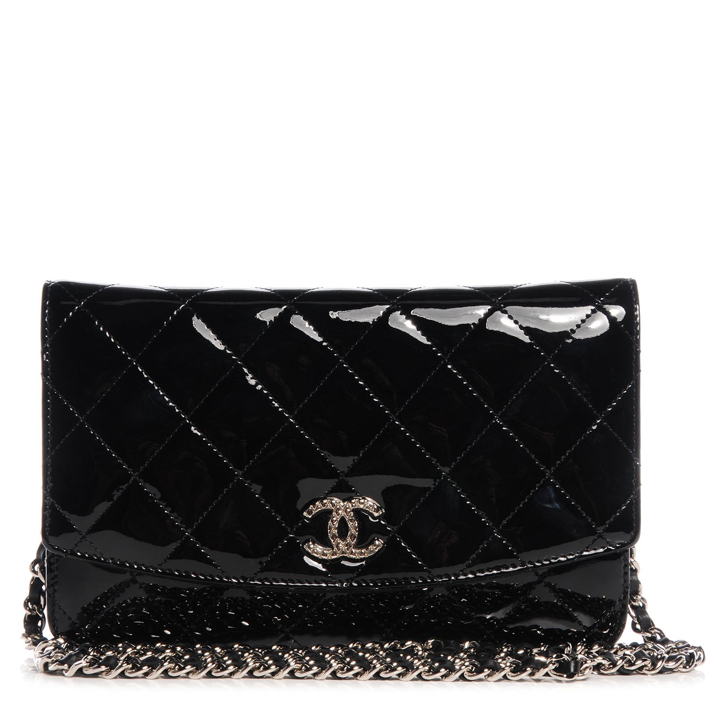 Patent Quilted Brilliant Wallet On Chain WOC Black