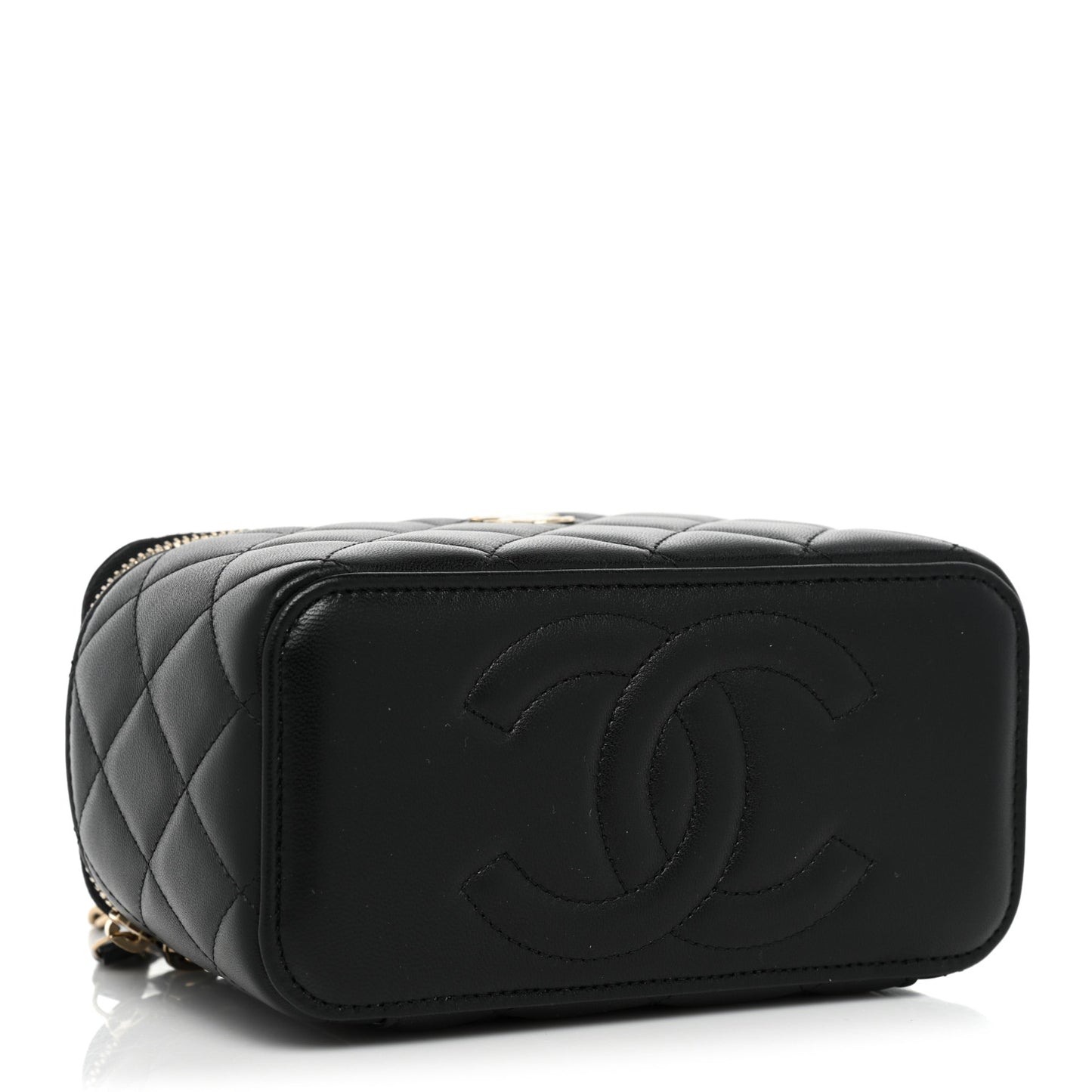 Lambskin Quilted Small Top Handle Vanity Case With Chain Black