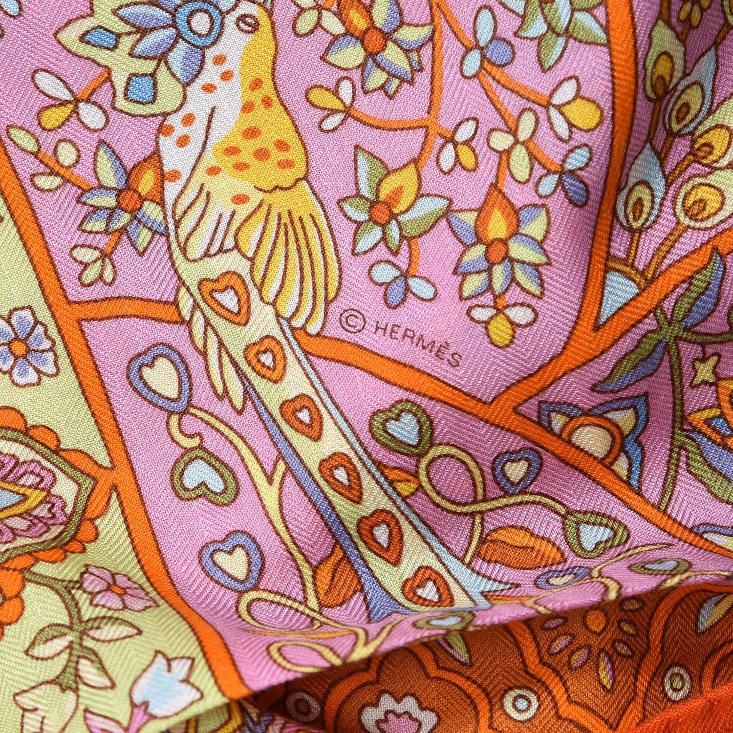 Hermes Cashmere Silk Au Pays Des Oiseaux Fleurs Shawl 140 Orange Bleu Vert 7 of 7