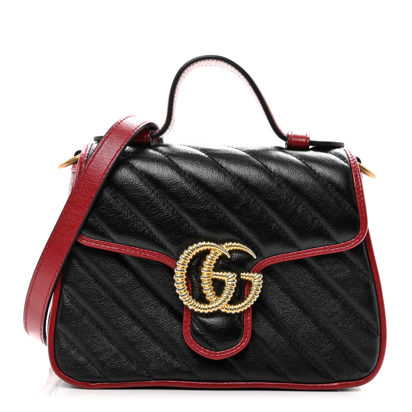 Vintage Effect Calfskin Matelasse Diagonal Mini Torchon GG Marmont Top Handle Shoulder Bag Black Romantic Cherry