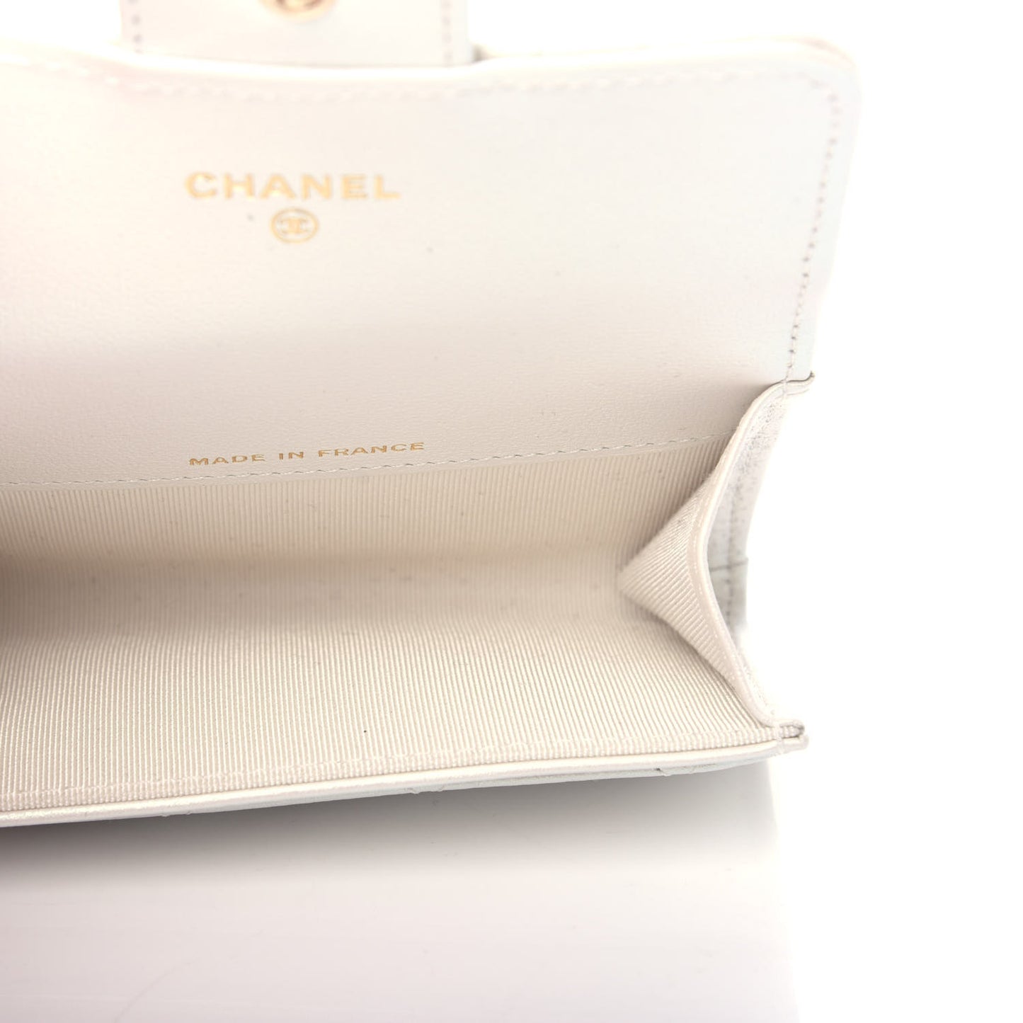 Iridescent Calfskin Quilted Flap Card Holder Wallet Ivory