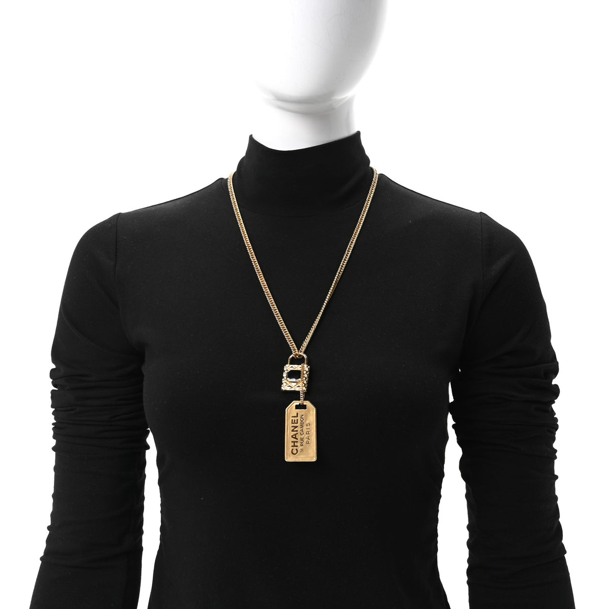 CC Padlock ID Dog Tag Charm Necklace Gold