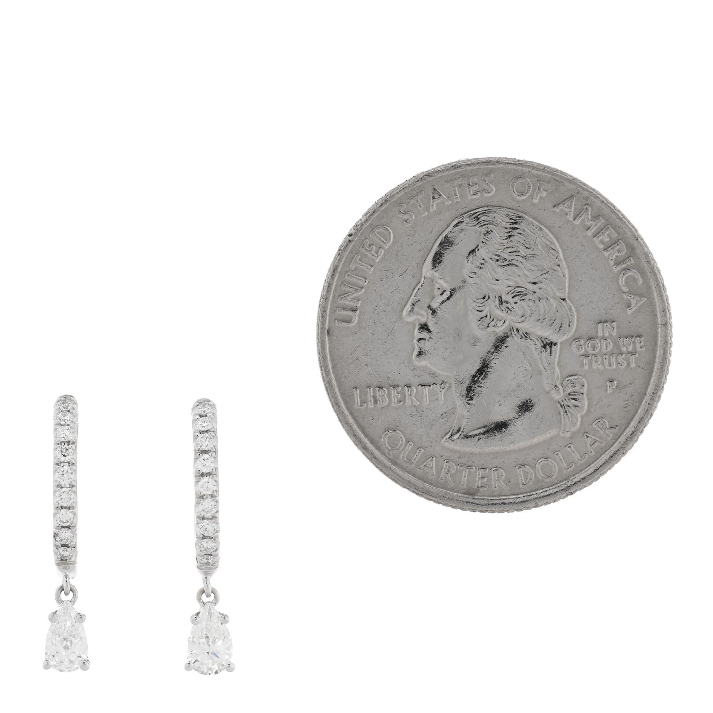 18K White Gold Diamond Pear Huggie Drop Earrings