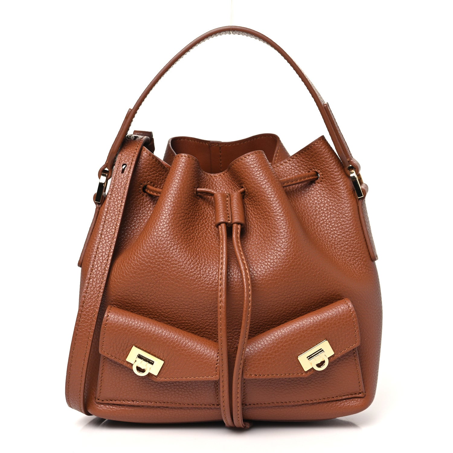 Salvatore Ferragamo Hammered Calfskin Multipocket Bucket Bag Cognac 1 of 10