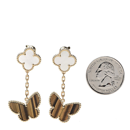 Van Cleef & Arpels 18K Yellow Gold Mother of Pearl Tiger's Eye Lucky Alhambra 2 Motifs Butterfly Earrings 2 of 6