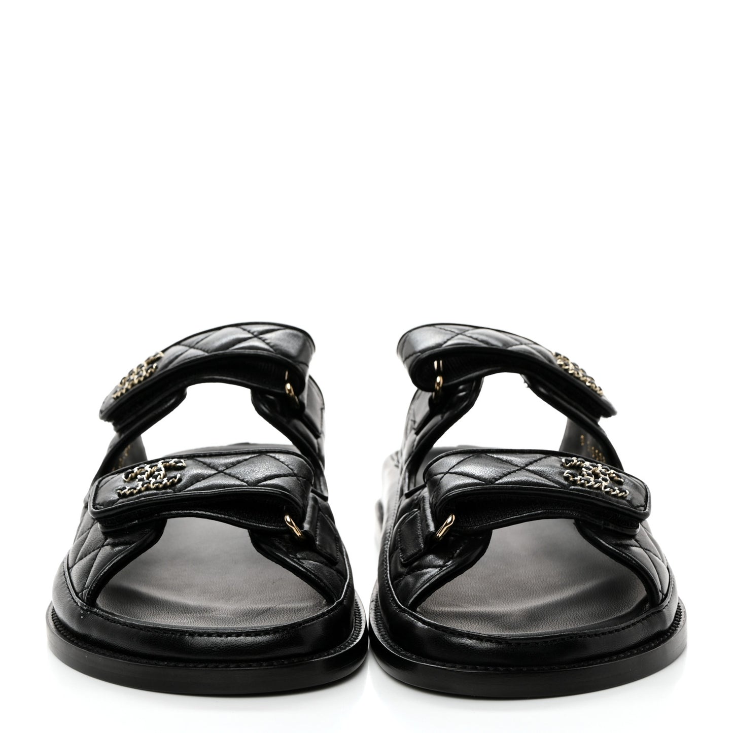 Lambskin Quilted Velcro Dad Chain CC Slide Sandals 39 Black